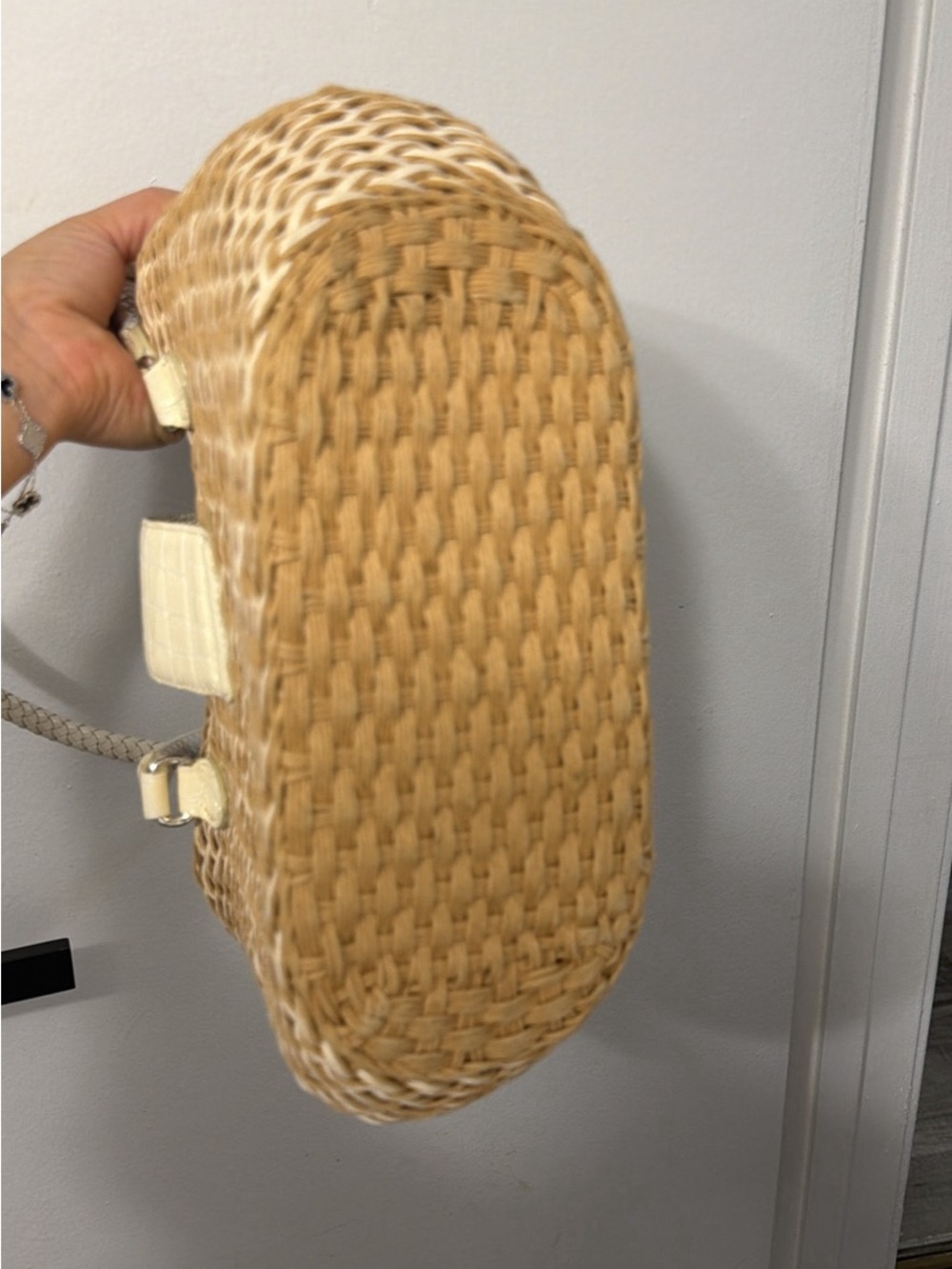 Brighton Cream Woven Straw Shoulder Bag with Croc-Trim - Picture 3 of 5